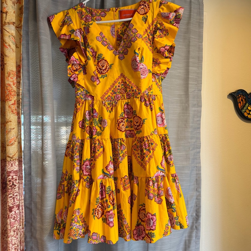 LA DoubleJ Yellow Floral Mini Dress with Pink & Green Accents